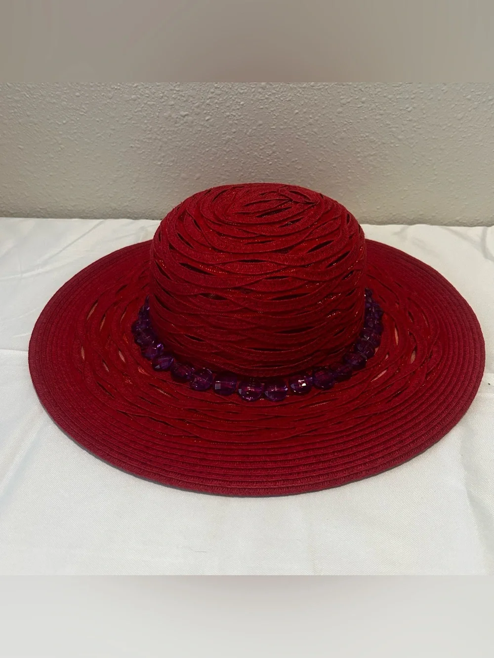Nine West Red Braided Wide-Brim Hat with Bead Trim
